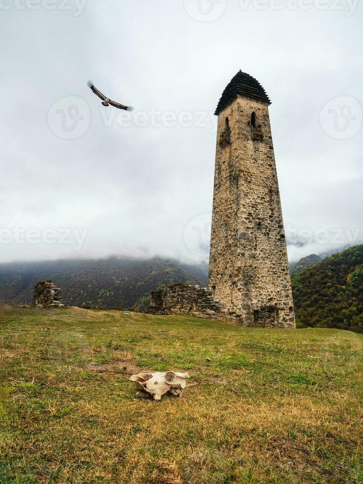 Old Battle tower Erzi in the Jeyrah gorge, Impressive rocky wall of the Caucasus mountains is on the background. Republic of Ingushetia. photo