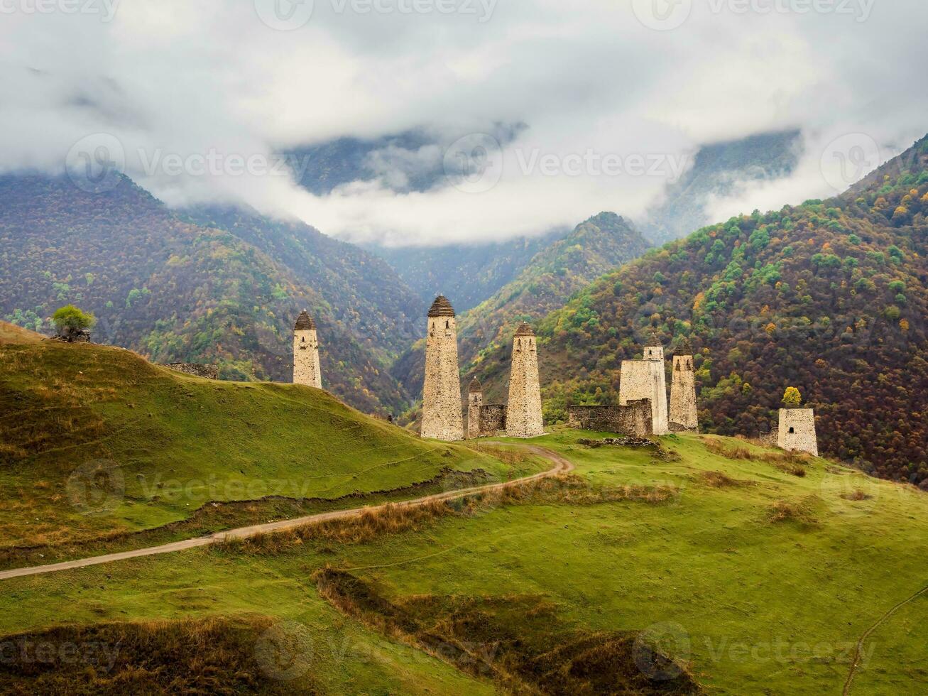 Dirt road to the tourist tower complex. Majestic battle towers o photo