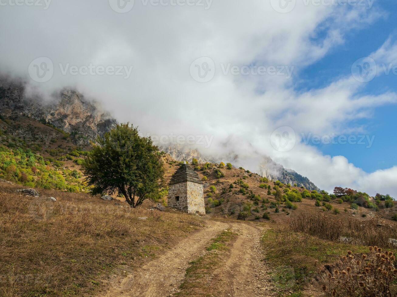 majestuoso paisaje con antiguo torre edificios de Kelly y antiguo familia criptas en el assinesky garganta de montañoso ingushetia, uno de el medieval tipo castillo torre pueblos, Rusia foto