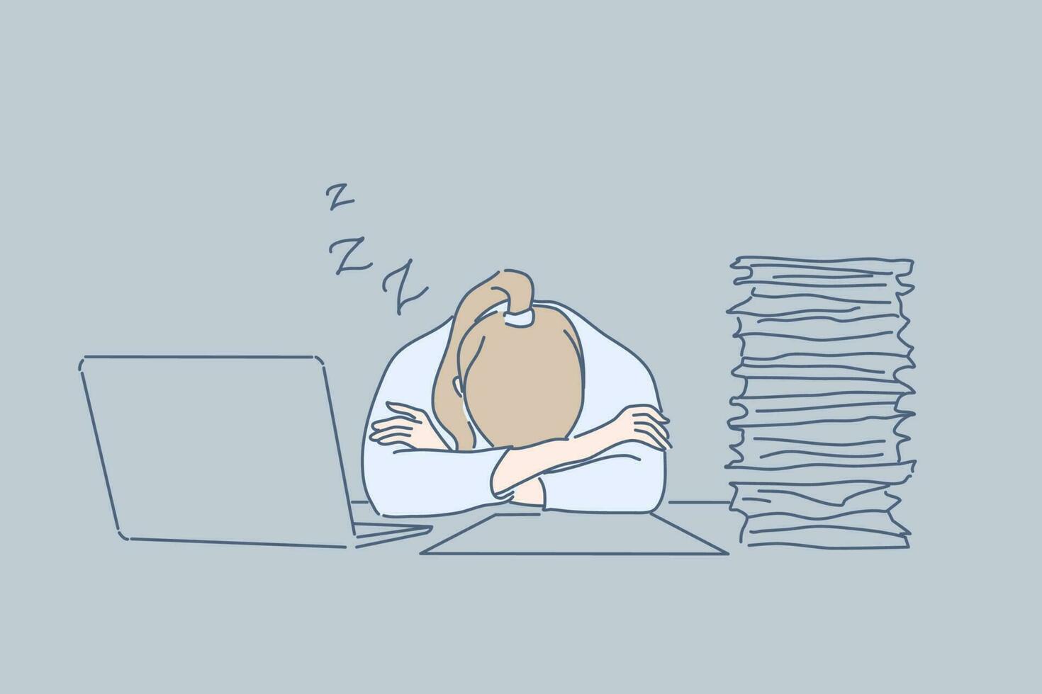 Overworking, sleep, office, fatigue, stress, business concept vector