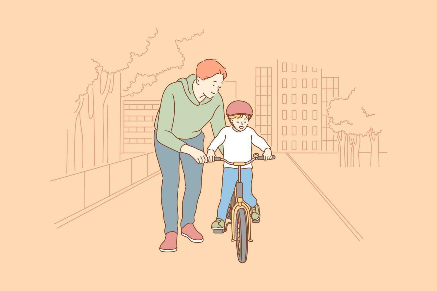 Fatherhood, cycling, childhood, training concept. vector