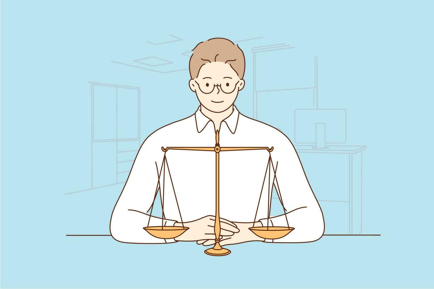 Law, justice, notary, work concept. Young happy smiling man guy clerk manager lawyer attorney judge sitting near scale demonstrating guilty weight. Court authority and judicial system illustration. vector