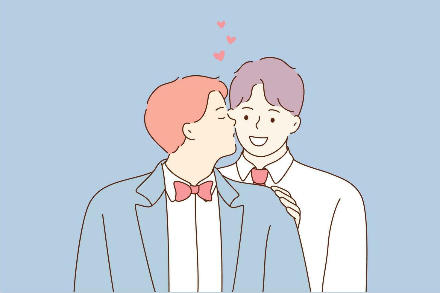 Wedding, love, feeling, lgbt concept. Young happy smiling cheerful newlywed gay coule men boys guys grooms cartoon characters stand together kissing. Celebration of homosexual marriage illustration. vector