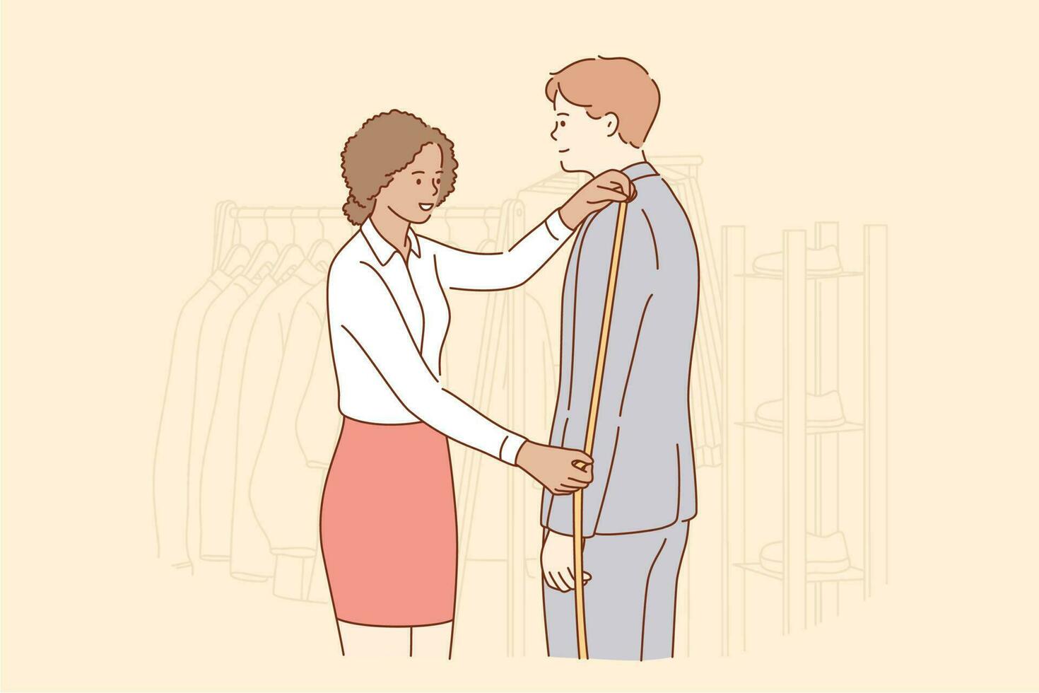 Beauty, fashion, deign, measure concept. Young smiling african american woman designer cartoon character measuring sleeve jacket with tape for businessman guy client. Fashionable service illustration. vector