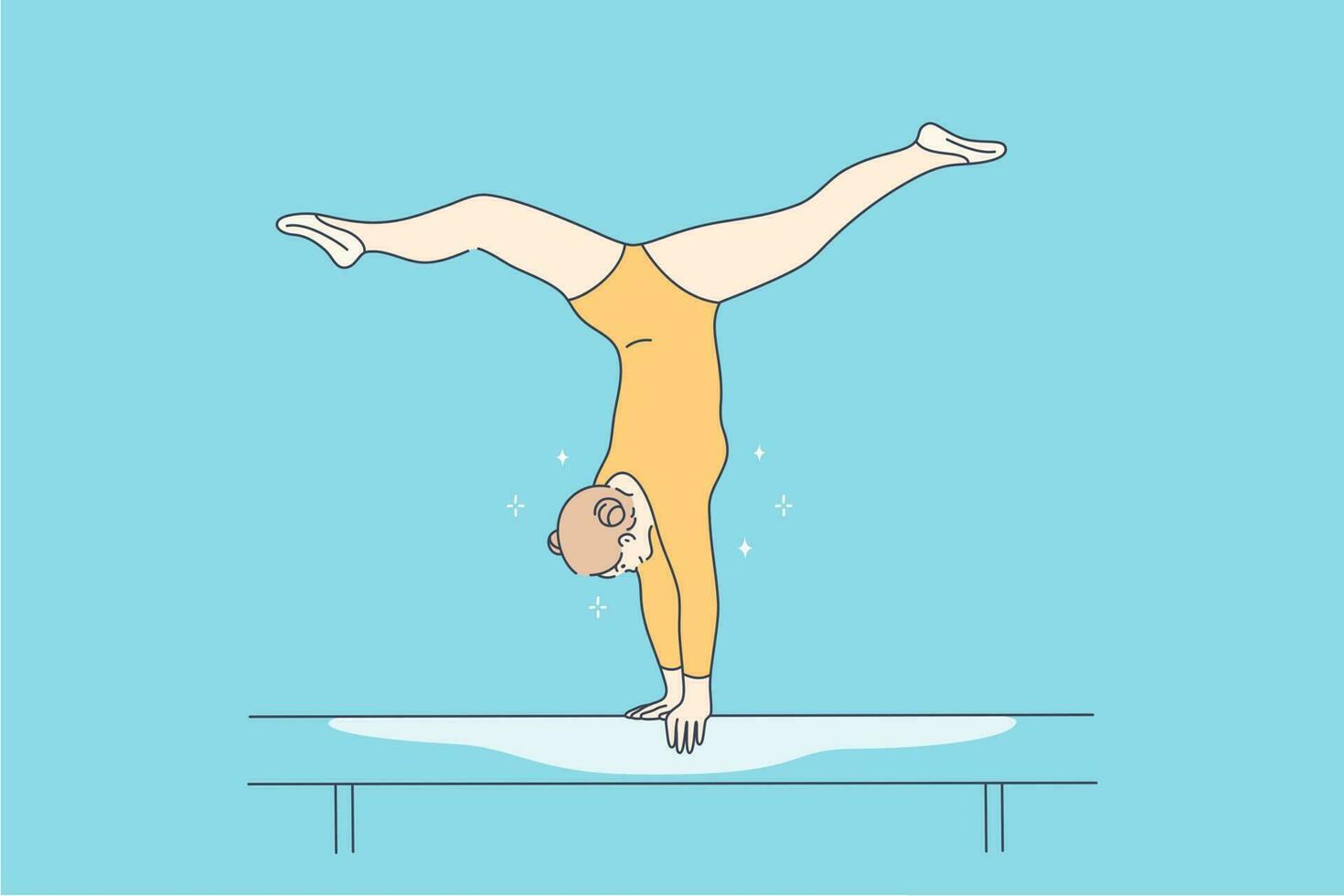 deporte, rendimiento, gimnasia concepto. joven profesional mujer niña gimnasta dibujos animados personaje mano en pie en equilibrar haz equilibrio en torneo. activo estilo de vida y flexibilidad ilustración. vector