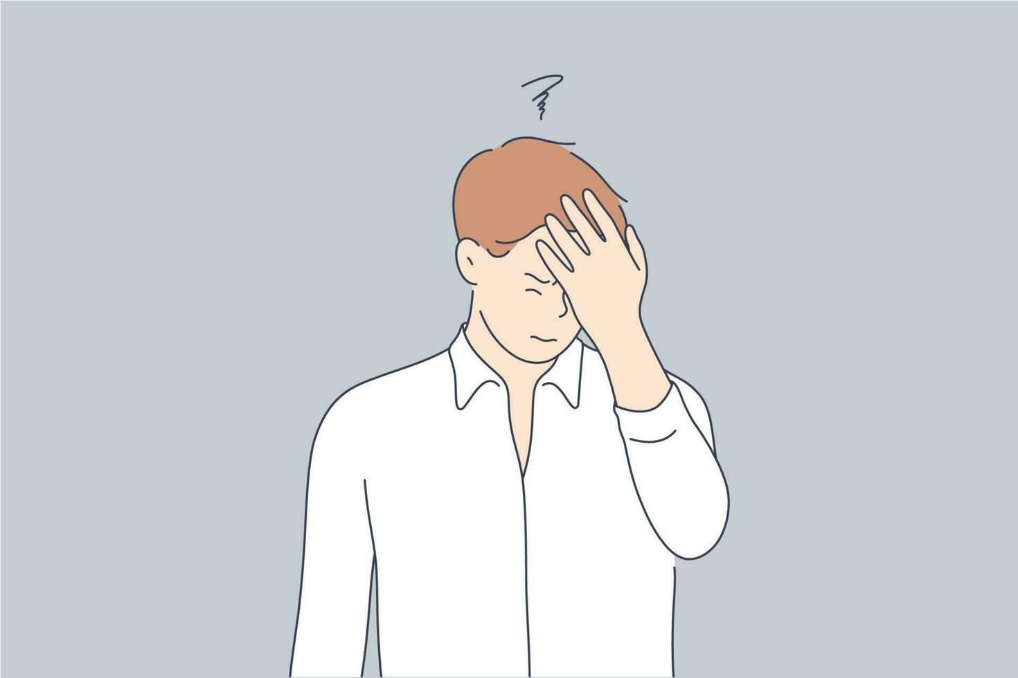 Emotion, face, expression, frustration, despair, stupidity, remember concept. Young unhappy sad man guy character standng with hand on head for mistake or remembering error. Headache or bad memory. vector