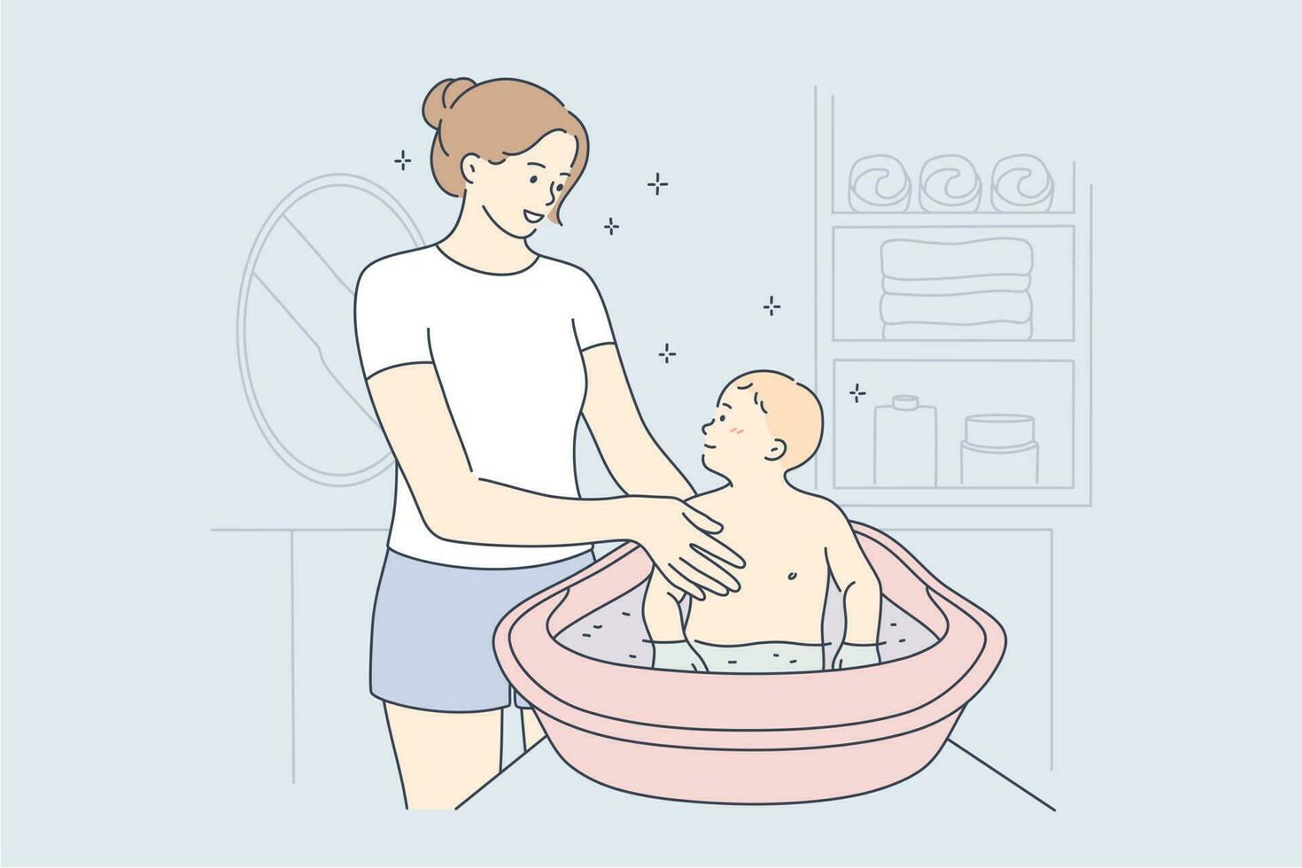 Motherhood, childhood, halth, care, love concept. Young happy smiling woman mom cartoon character washing baby infant toddler child kid son in bathroom. Mothers day and domestic life illustration. vector