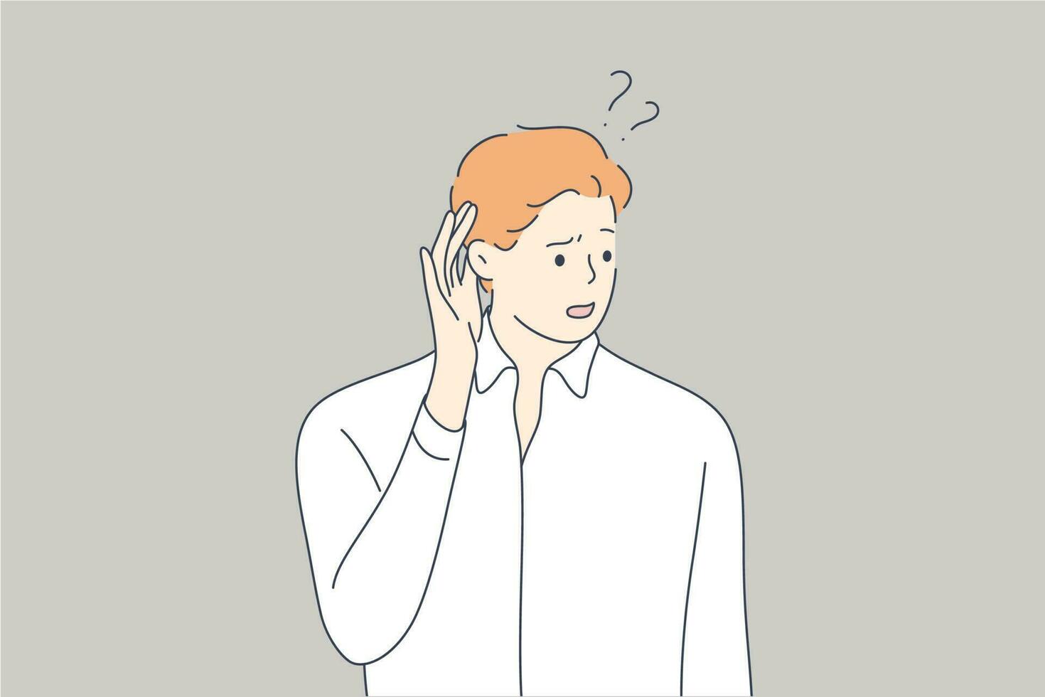 Emotion, face, expression, rumor, desease, health, care concept. Young deaf serious focused man guy teenager character standing with hand over ear listening or hearing to gossip. Deafness illustration vector