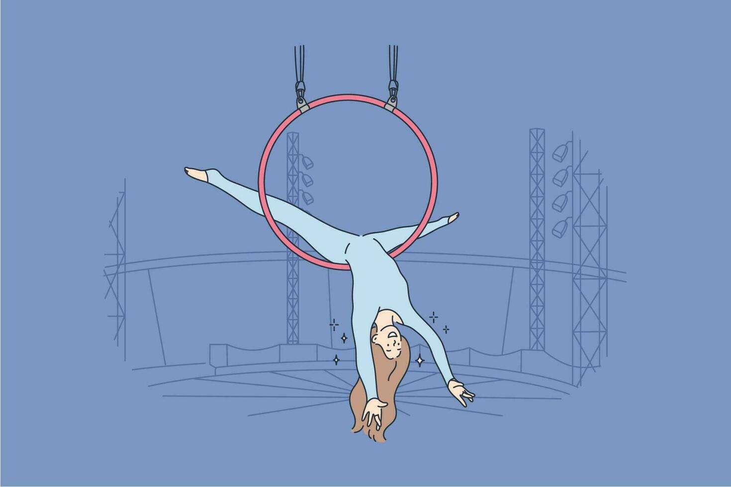 Perfomance, sport, art, acrobatics, air concept. Young professional woman girl acrobat athlete gymnast character perfoming aerial tricks on flying circle in circus. Active entertainment for people. vector