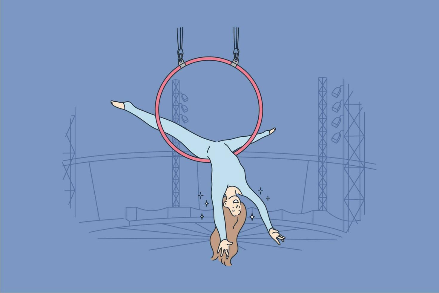 rendimiento, deporte, arte, acrobacia, aire concepto. joven profesional mujer niña acróbata atleta gimnasta personaje interpretando aéreo trucos en volador circulo en circo. activo entretenimiento para gente. vector