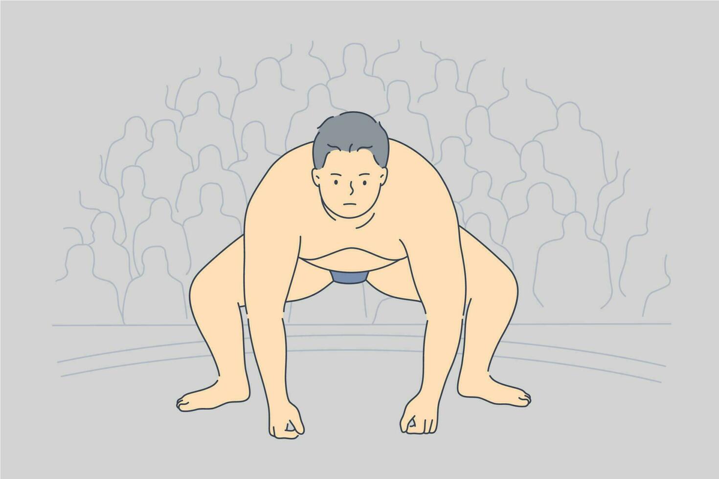 Sport, competition, obesity, japan, preparation, fight concept. Young fat obese serious asian man sumo wrestler preparing fighting at match or sparring. Traditional japanese wrestling single combat. vector