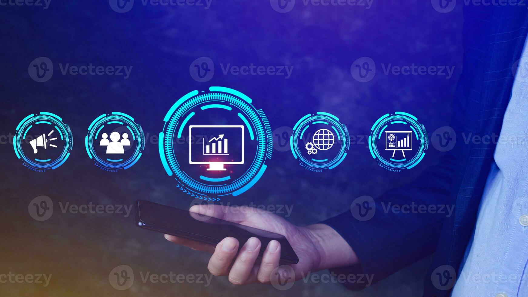 Hand touching the sign of Digital marketing internet advertising and sales increase business technology concept, online marketing on smartphone, Ebusiness, data analytics and Business online. photo