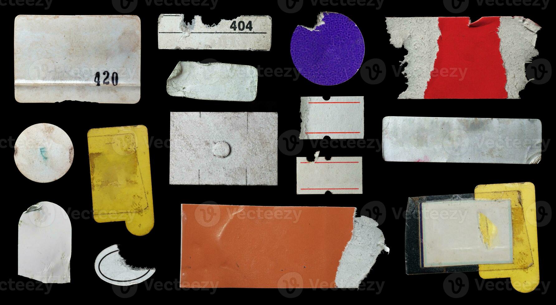 collection of blank old sticker, label, price tag template for mockup. isolated dirty, ripped, half peeled stickers photo