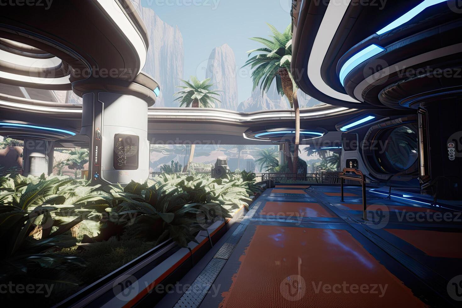 The space colony with a futuristic structures and greenhouses. photo