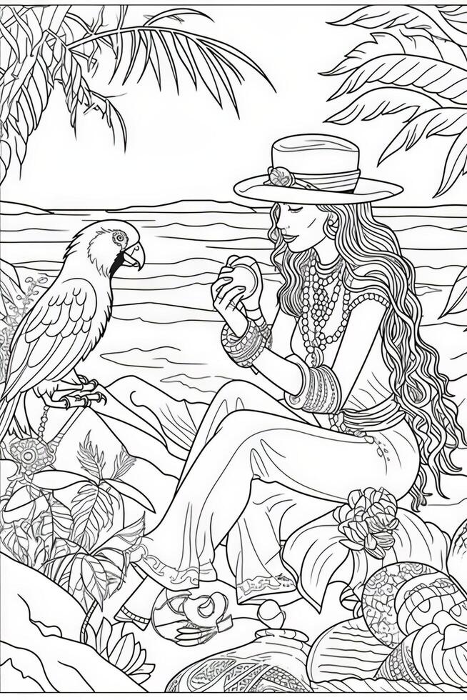 Pirate girls. Set of black and white illustrations for coloring book.. photo