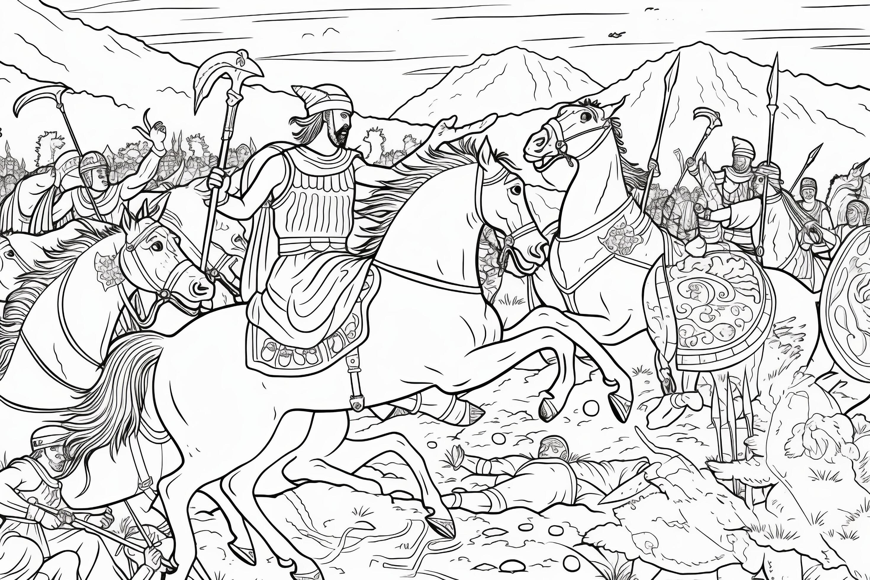 Medieval battle scene with cavalry and infantry. Black and white