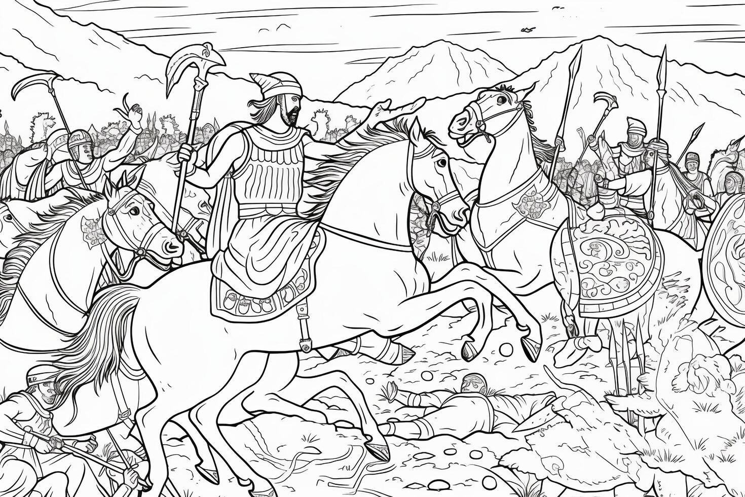 Medieval battle scene with cavalry and infantry. Black and white illustration.coloring Book page. photo