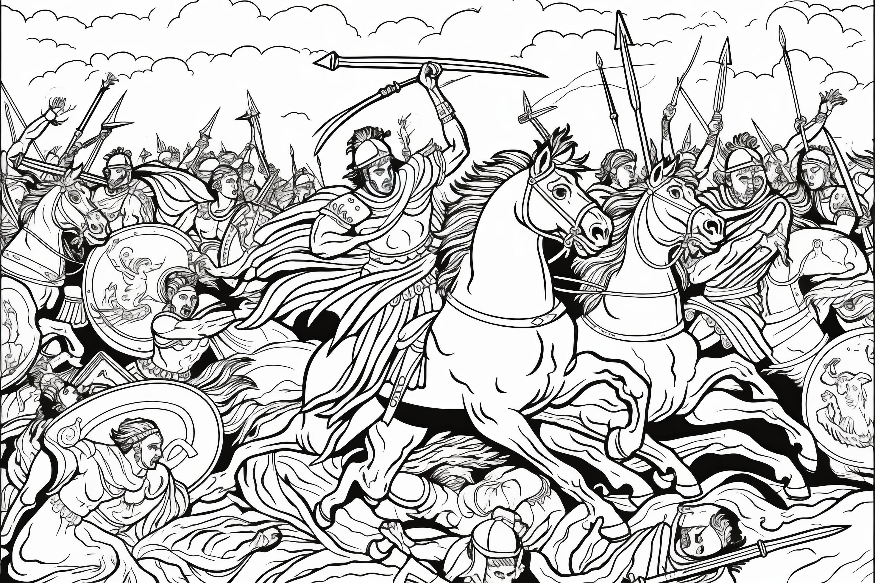 Medieval battle scene with cavalry and infantry. Black and white