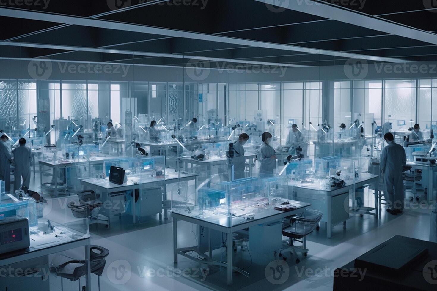 A team of AI researchers is working diligently in a brightly lit laboratory photo