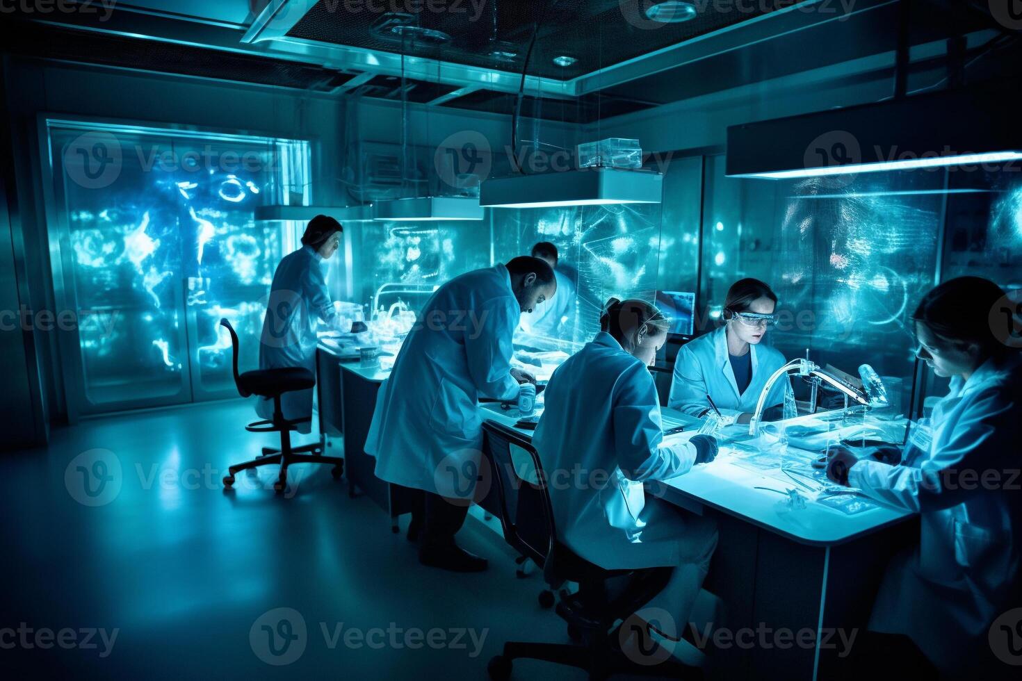 A team of AI researchers is working diligently in a brightly lit laboratory photo