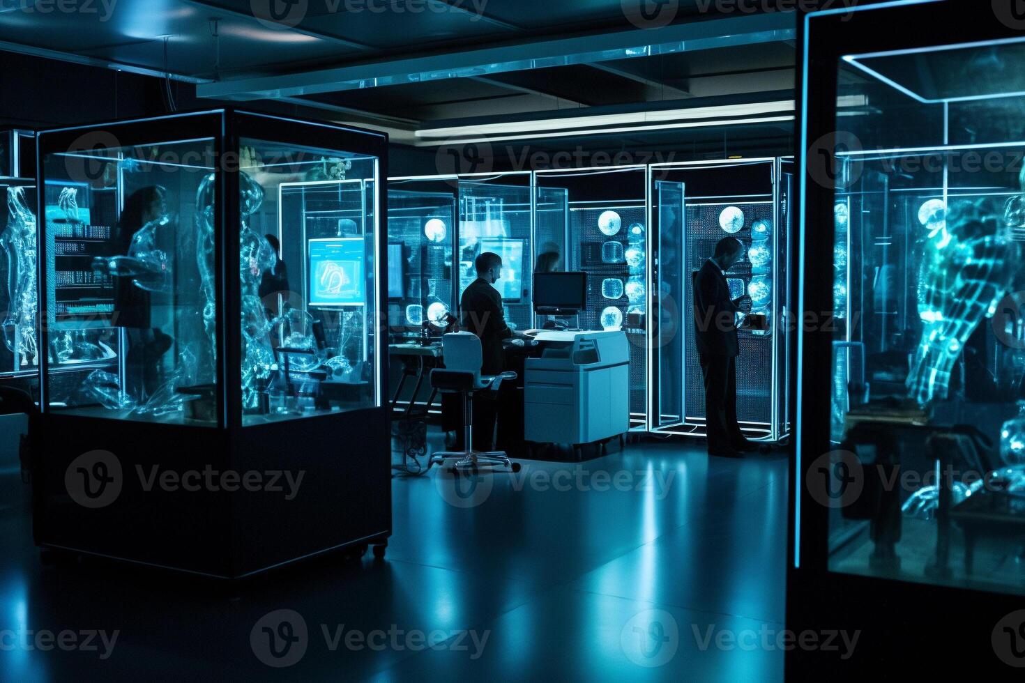A team of AI researchers is working diligently in a brightly lit laboratory photo