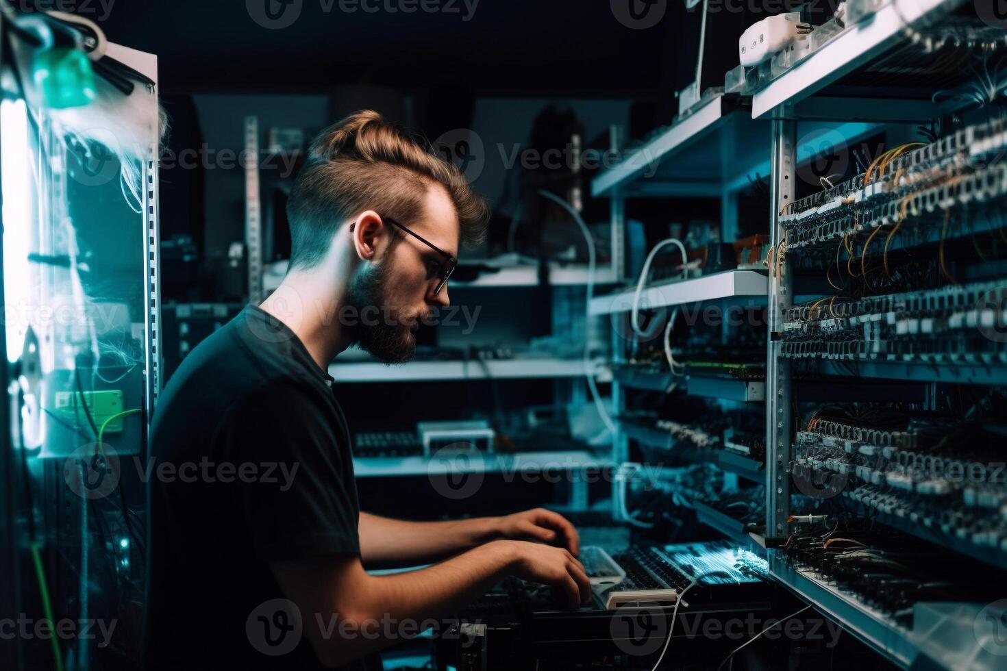A man is working on a computer in a dark room created with Technology photo