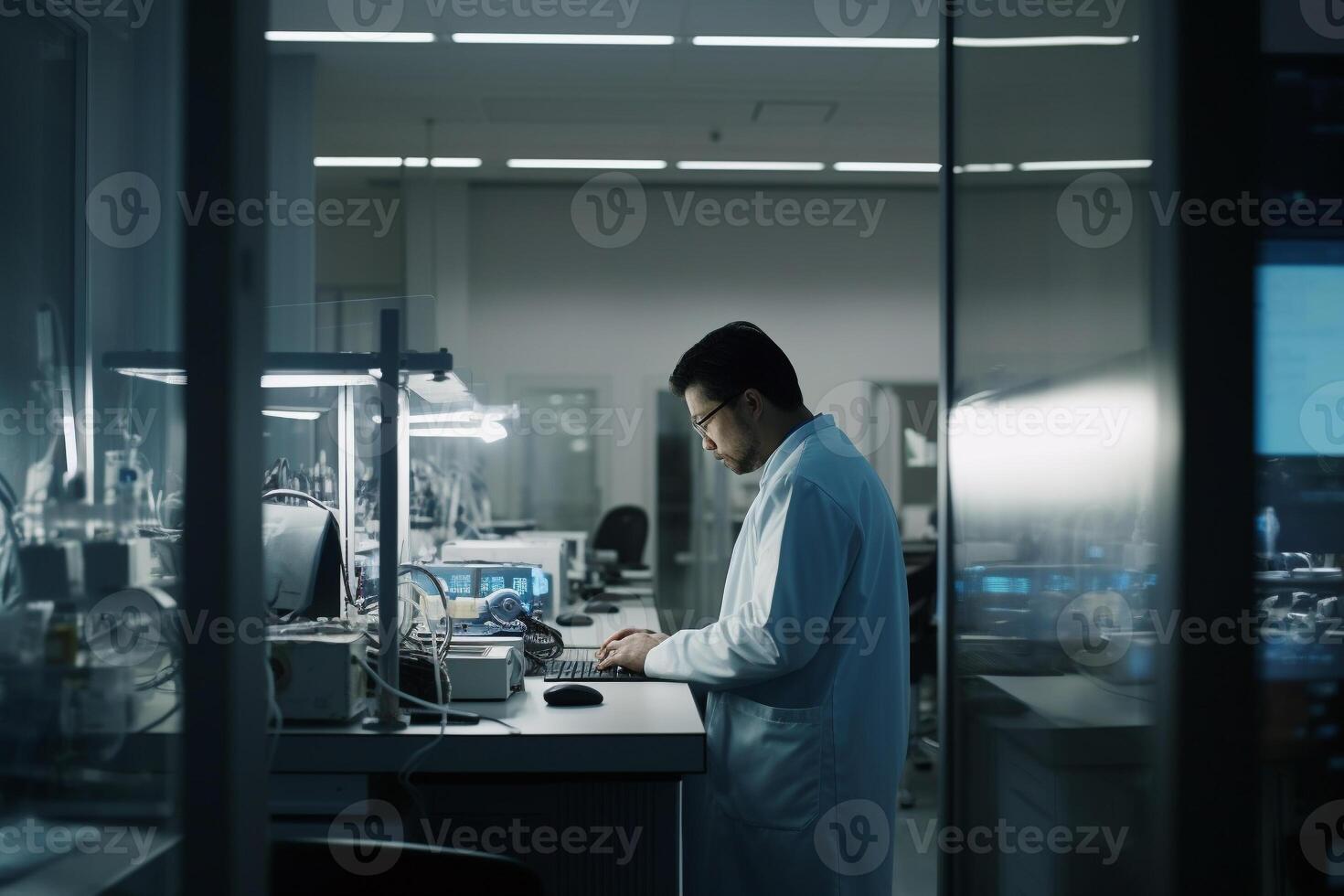 A man in a lab coat stands at a desk in front of a glass wall created with Technology photo