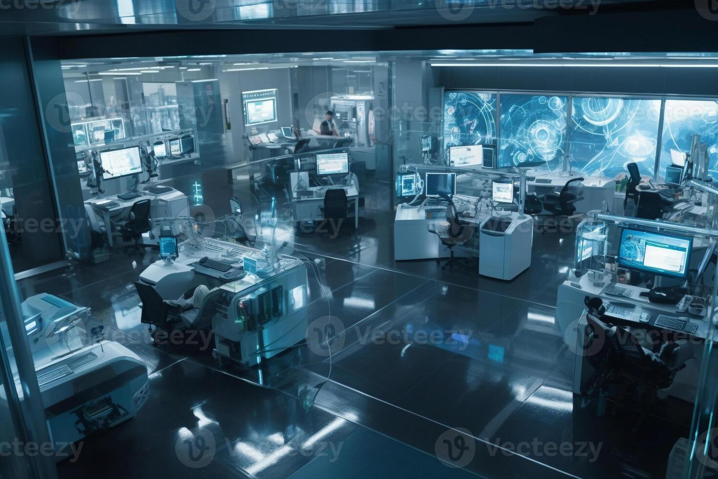 A team of AI researchers is working diligently in a brightly lit laboratory photo