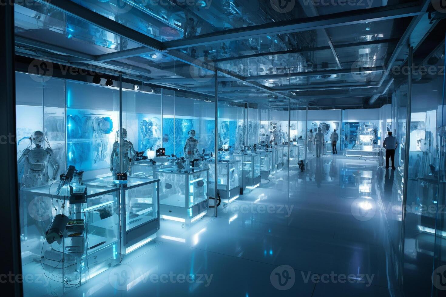 A team of AI researchers is working diligently in a brightly lit laboratory photo