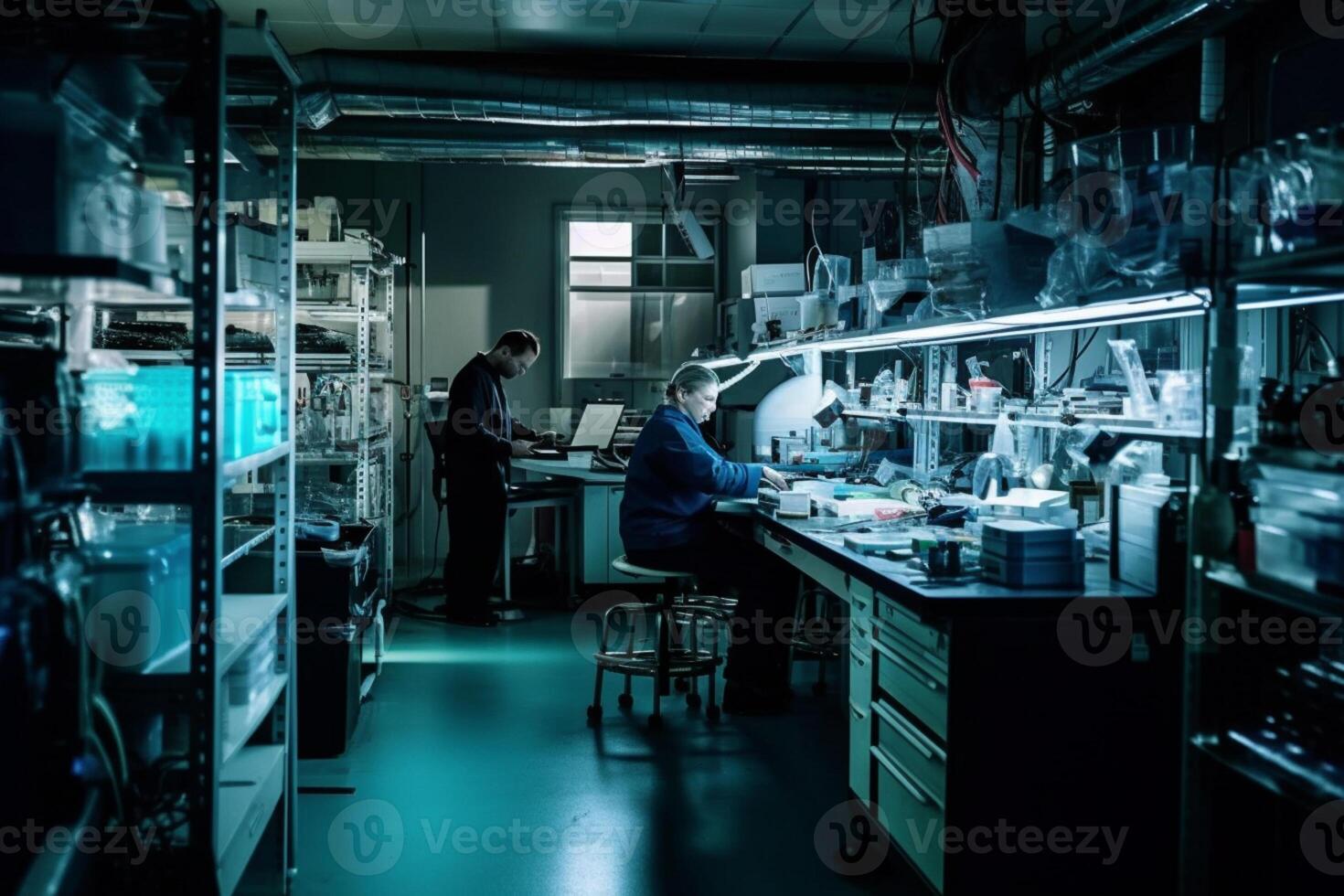 A team of AI researchers is working diligently in a brightly lit laboratory photo