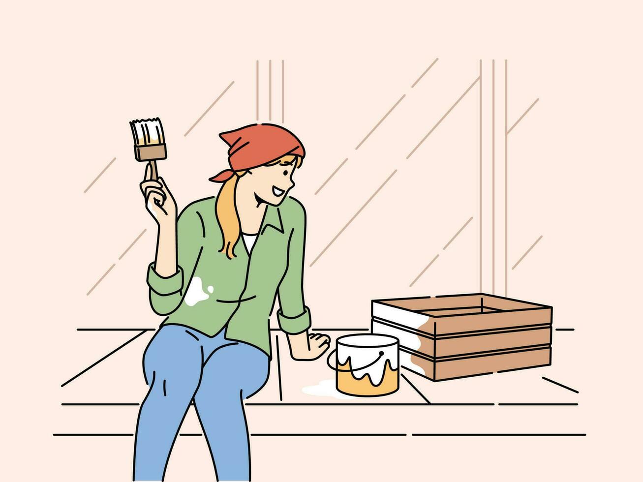 Smiling woman painting wooden box outside of house on terrace. Happy girl renovate decoration engaged in DIY process. Hobby and redecoration. Vector illustration.