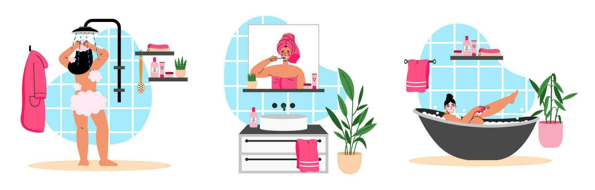 joven mujer duchándose, cepillado su dientes y tomando bañera en el baño. higiene diario rutina. plano vector ilustraciones.