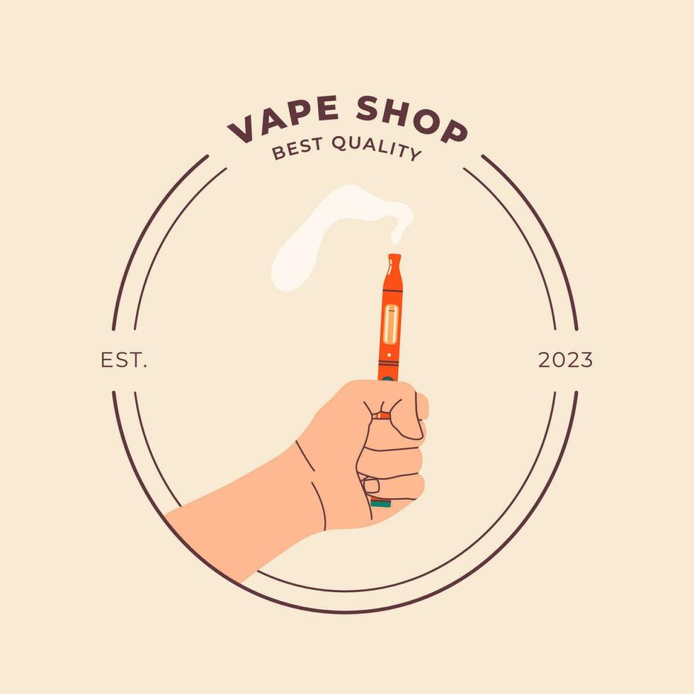 Hand holding vape, colorful illustration logo. Electronic cigarettes and vape concept. Modern vector illustration. Design of vape pens and pod mods. Flat vector design for web.