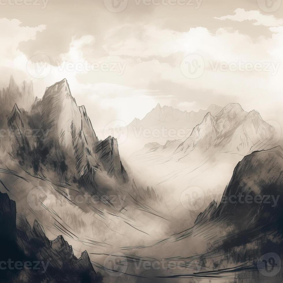 Olden style hand drawing brush mountain illustration of Olden style hand drawing brush mountain photo