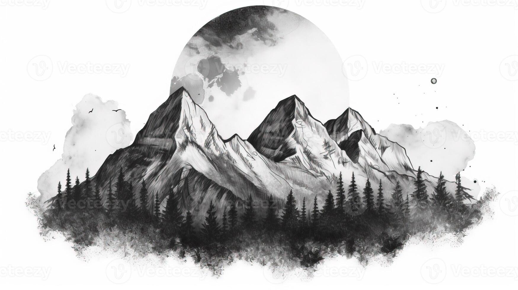 Mountain range black and white, pencil illustration of mountain range black and white, pencil photo