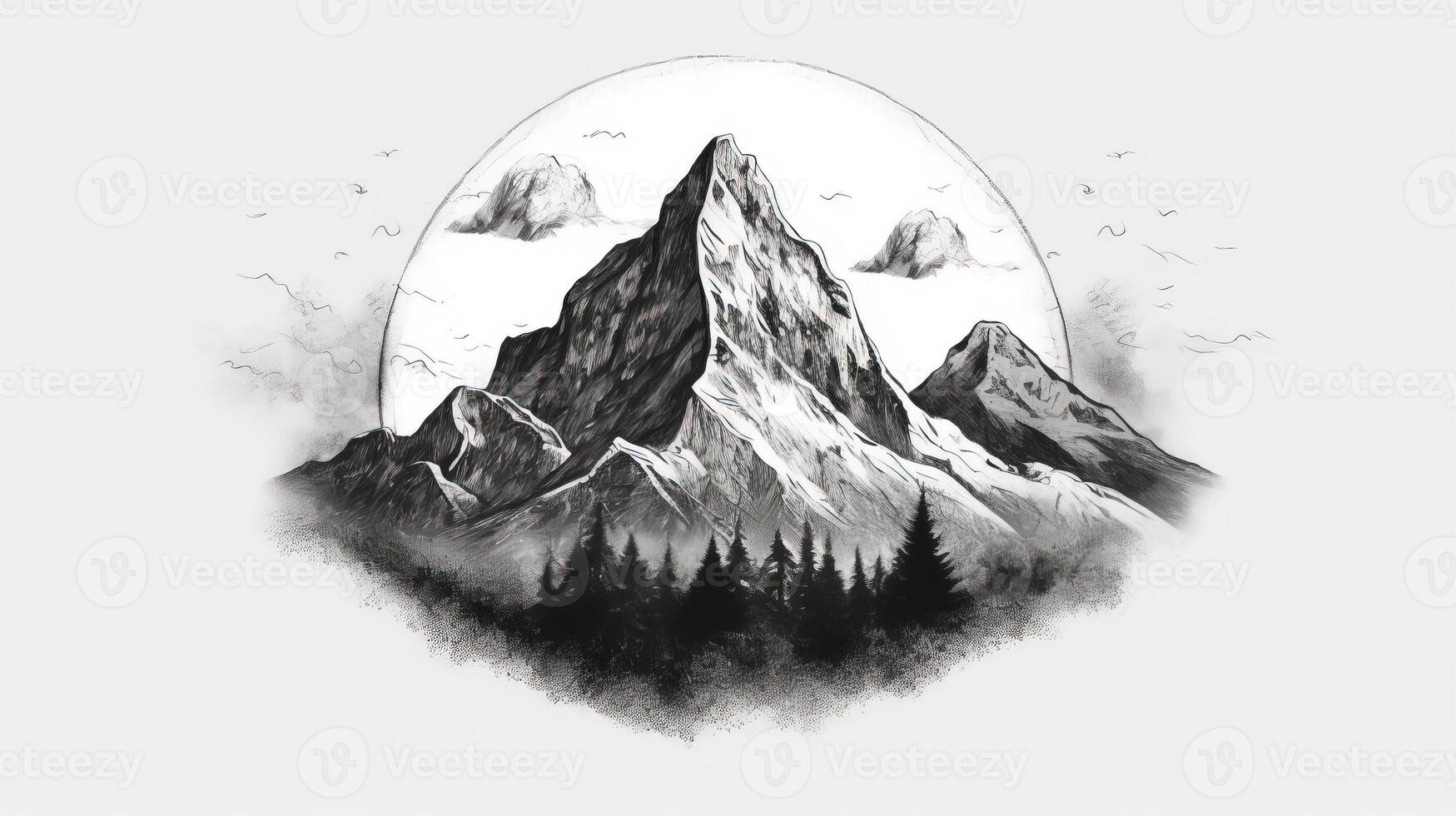 Mountain range black and white, pencil illustration of mountain range black and white, pencil photo