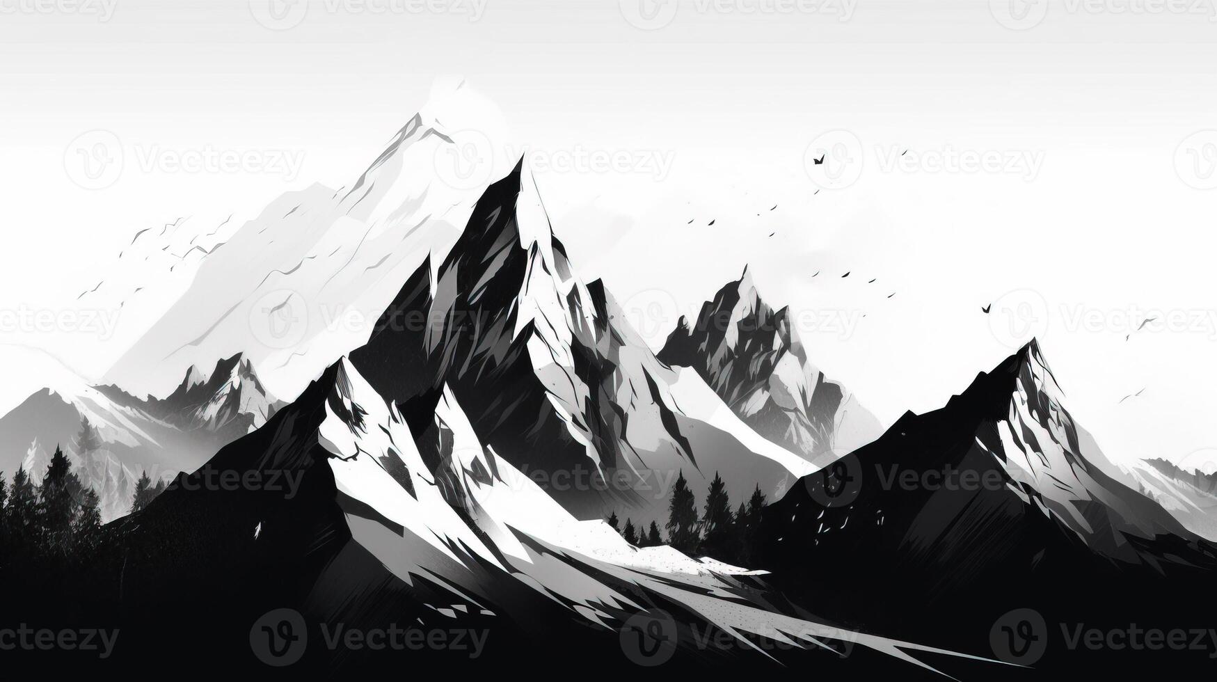 Mountain range black and white, pencil illustration of mountain range black and white, pencil photo