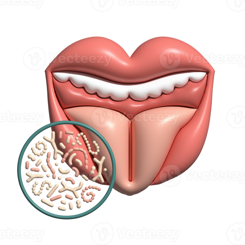 3d render humano oral microbioma isolado conceito. saudável probiótico bactérias dentro aberto boca. dente e língua microbiota - lactobacilo, streprococcus. volume mão desenhado ilustração. png