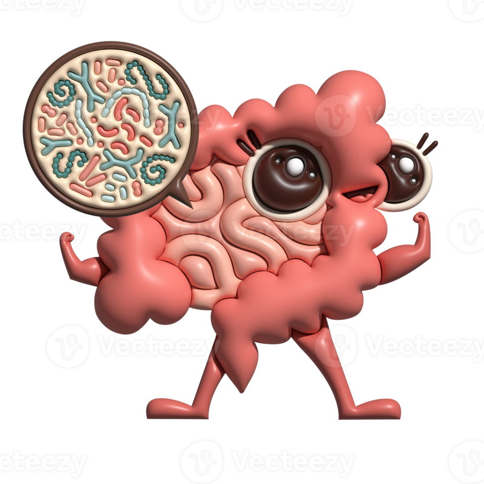 3d render Microscopic good bacterias, microflora, viruses in Intestine cartoon character. Volume illustration mascot design. Human intestine microflora with probiotics. Healthy Digestive tract png