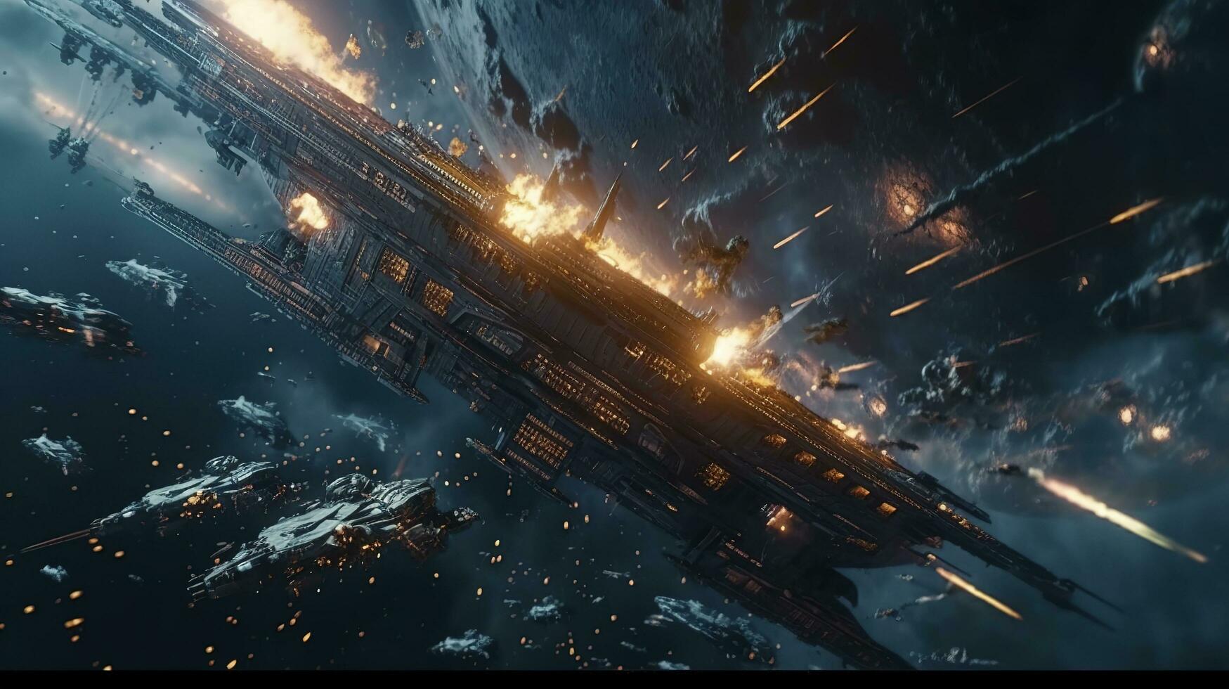 Cinematic Still, intense space battle between two massive battleships, starry sky, nebulae, galaxies, HDR futuristic space battleship destroyers traveling through an asteroid field, generate ai photo