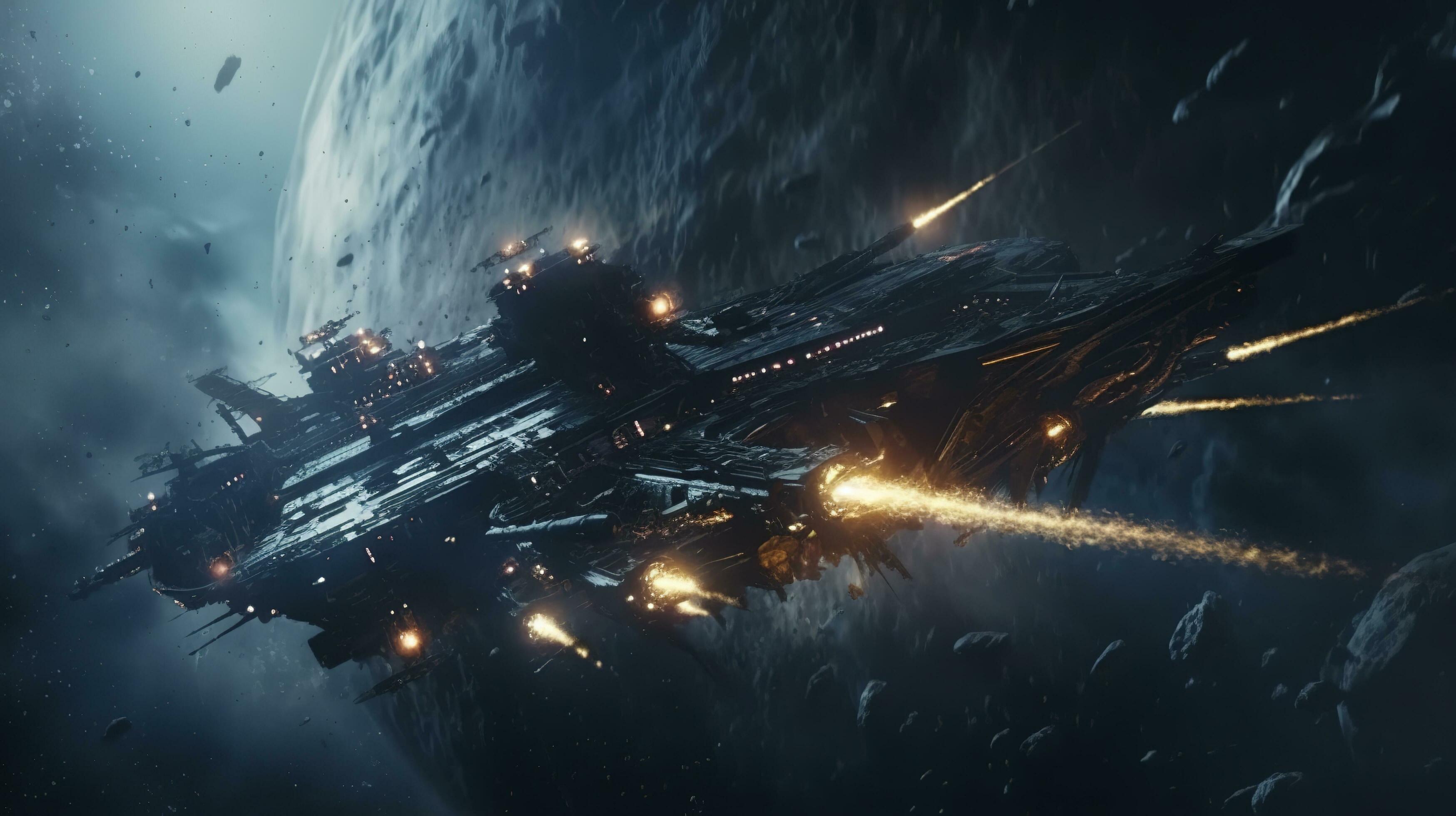 Cinematic Still, intense space battle between two massive battleships,  starry sky, nebulae, galaxies, HDR futuristic space battleship destroyers  traveling through an asteroid field, generate ai 24355281 Stock Photo at  Vecteezy