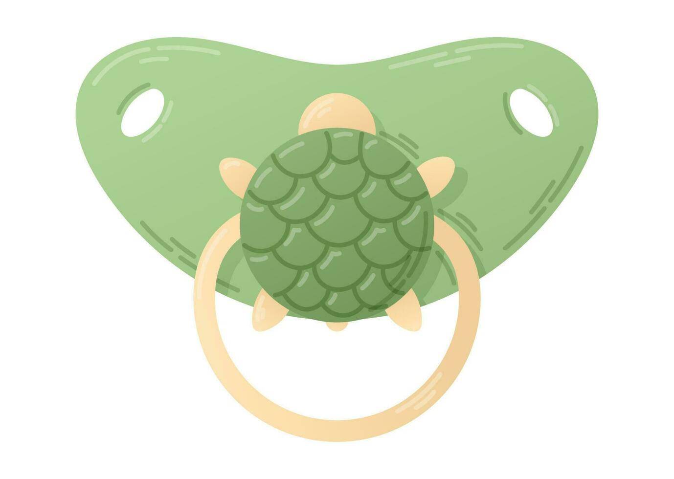 Cartoon baby green Pacifier with a picture of Turtle. Vector isolated flat dummy for sucking.