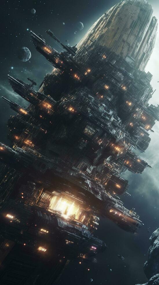 Cinematic Still, intense space battle between two massive battleships, starry sky, nebulae, galaxies, HDR futuristic space battleship destroyers traveling through an asteroid field, generate ai photo