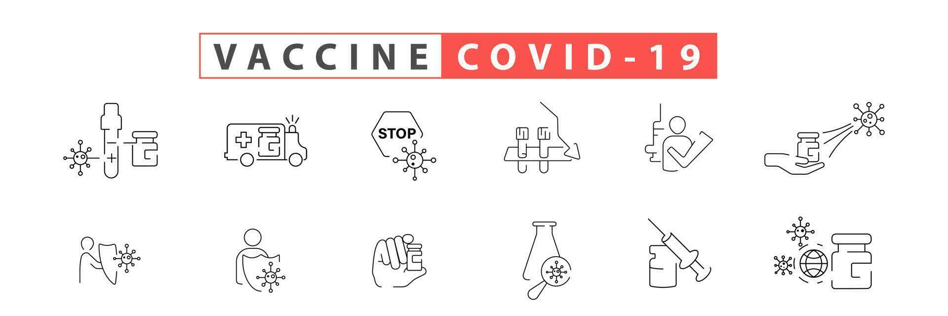 Corona line vaccine icon set. Included the icons as vaccination, coronavirus vaccinator, COVID-19, syringe vector