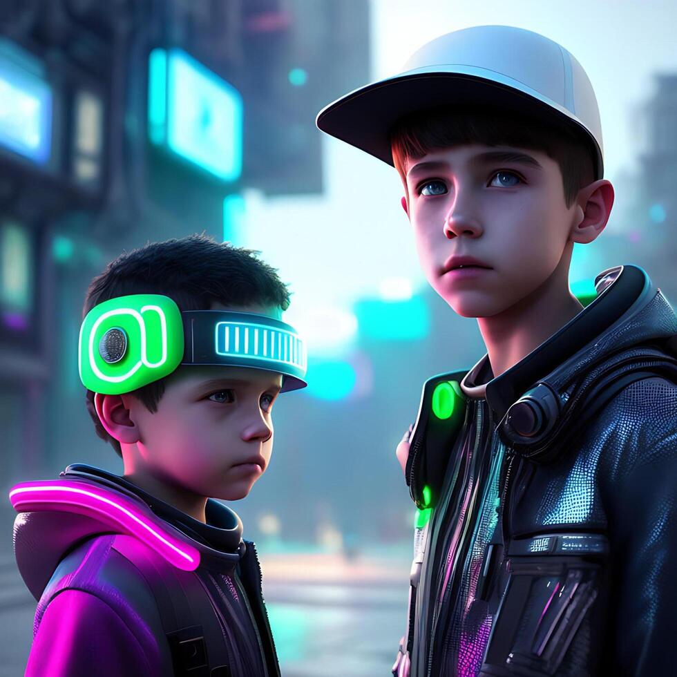 Futuristic-looking Boys with Neon-lit Outfits and A Big City Background 3D Photorealistic Illustration photo