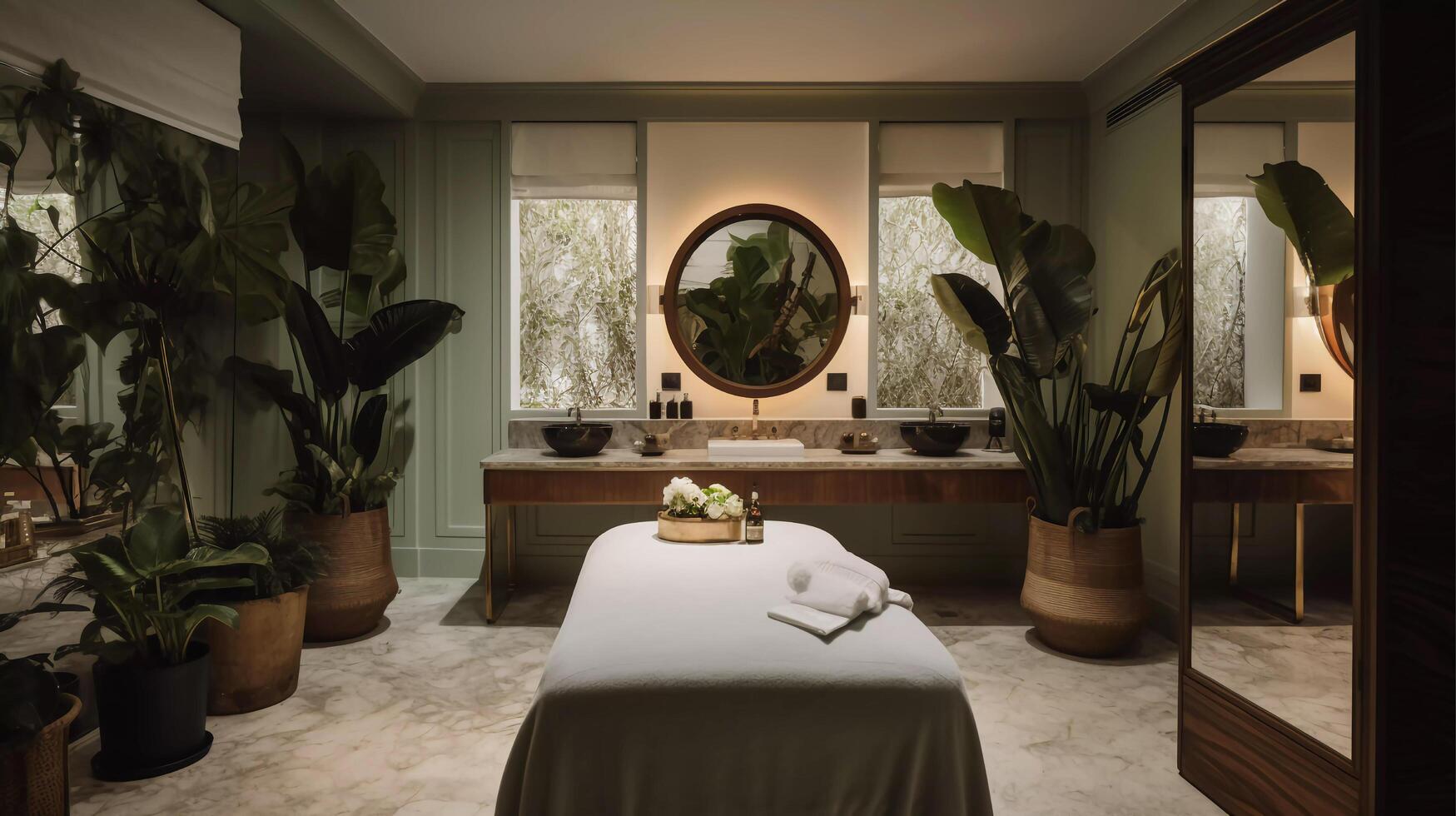 Eco-Luxe Sanctuary Elegant Marble, Tropical Flora Organic Skincare, eco-luxe sanctuary spa treatment room featuring elegant marble and an abundance of tropical flora photo