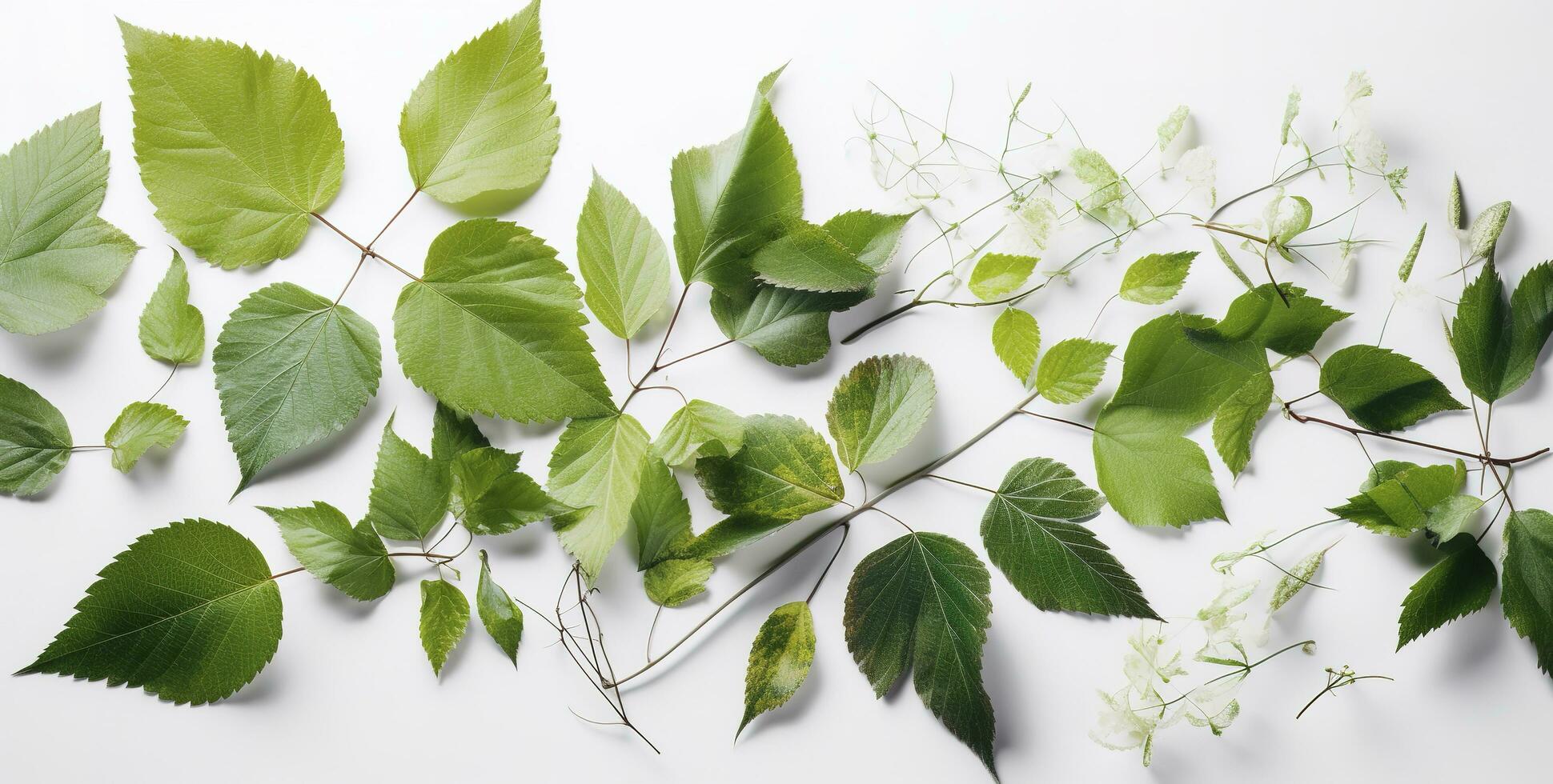 green leaves and leaves on white background free photo collection, in the style of Vicente Redondo, text based, precisionist, linear simplicity, antti lovag, printed social commentary, generate ai