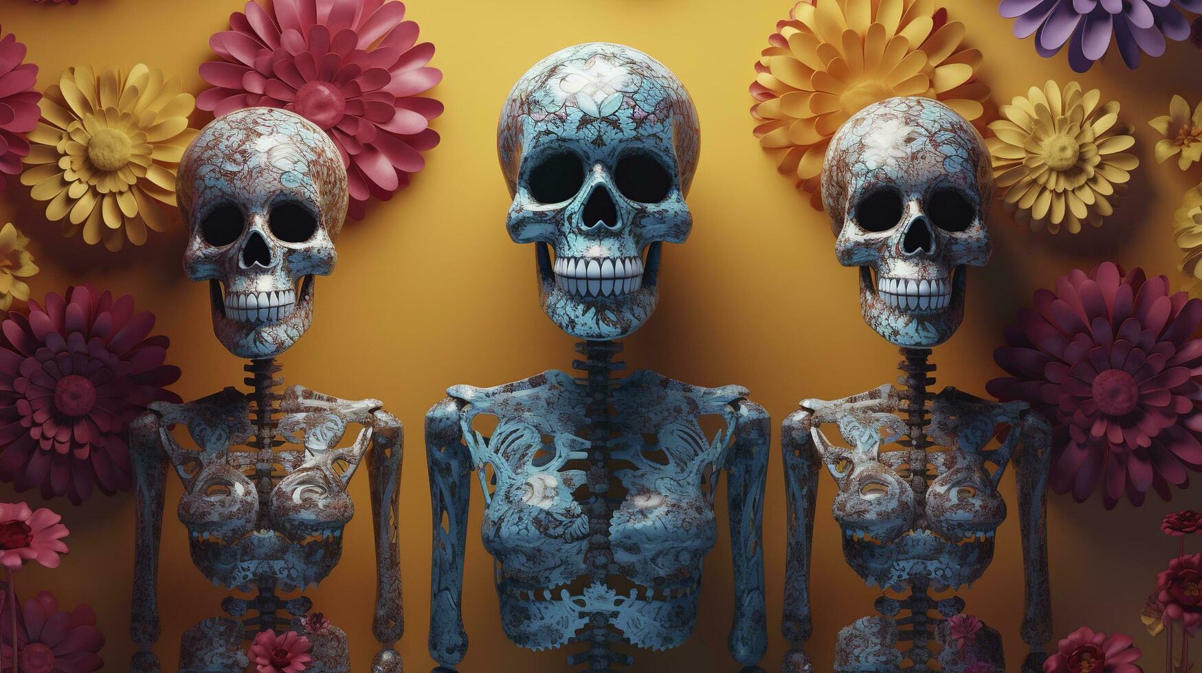 skeleton family, skulls, flowers, dusted, faded, mexican art, day of the dead, hyper detailed, intricate patterns, art deco, vibrant colors, unreal engine, generate ai photo