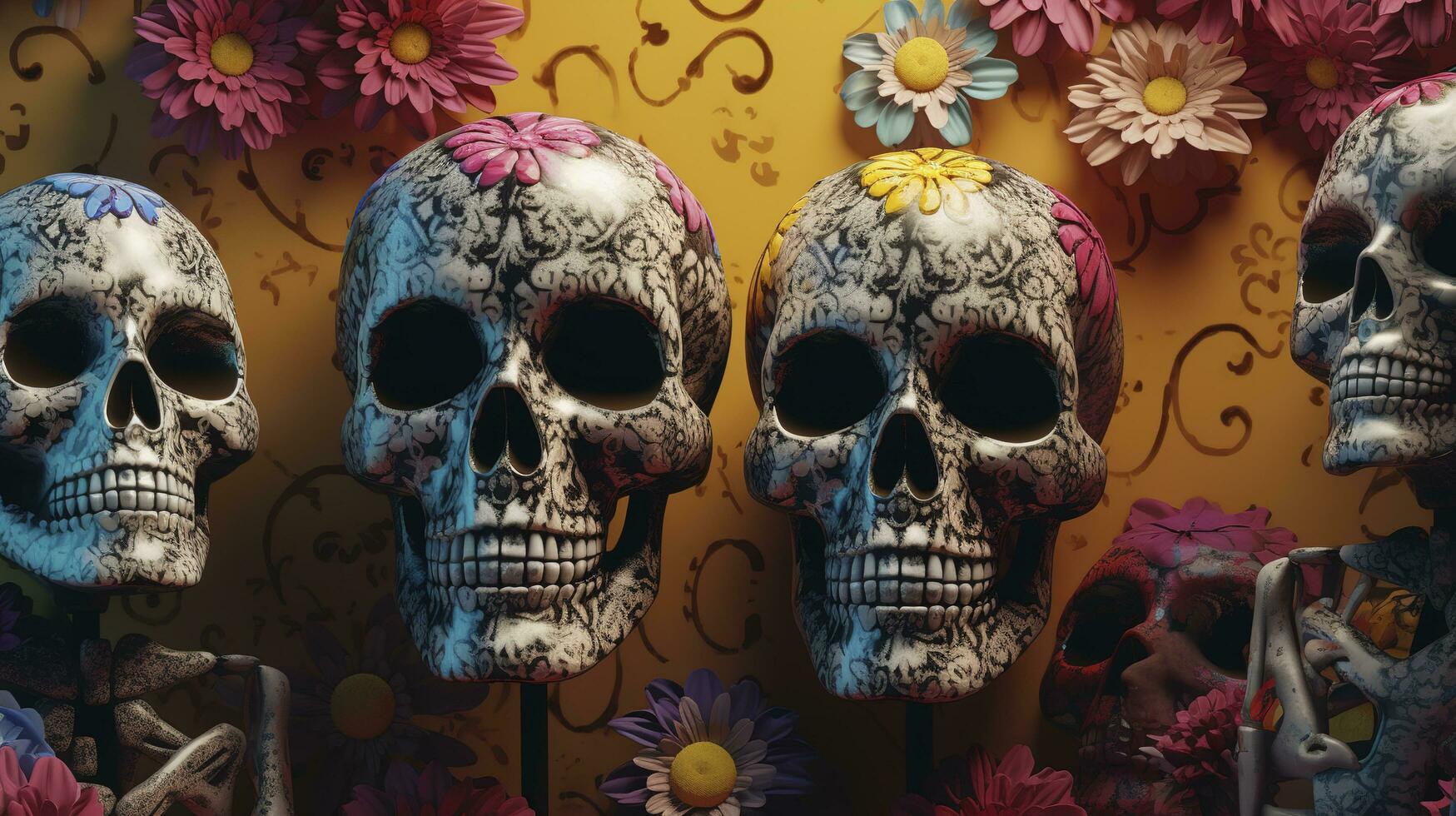 skeleton family, skulls, flowers, dusted, faded, mexican art, day of the dead, hyper detailed, intricate patterns, art deco, vibrant colors, unreal engine, generate ai photo