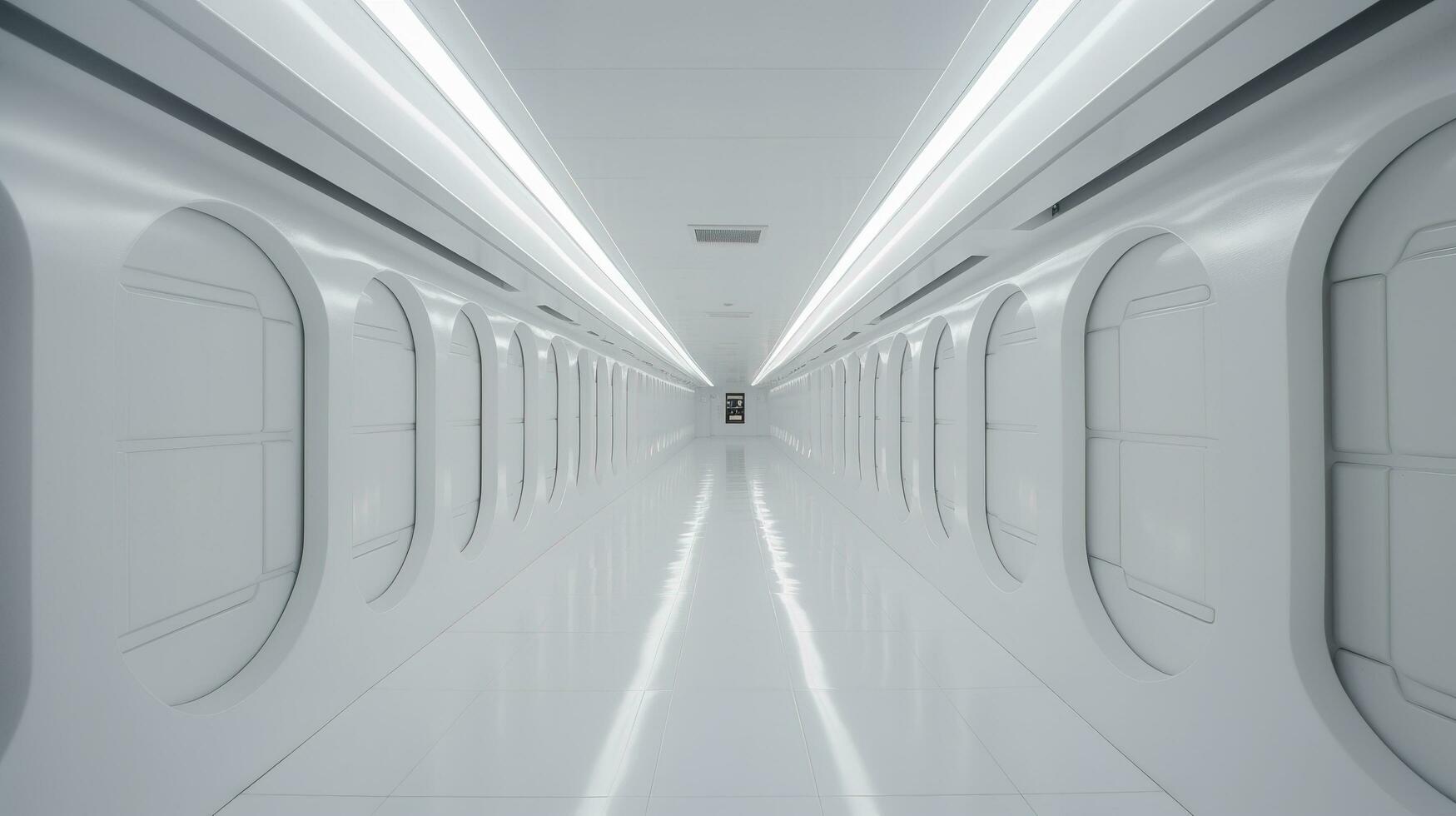 Inside narrow abstract bright white Tron corridor with square shapes with windows to an unknown planet, science fiction, glass, arch viz, and modern architecture, generate ai photo